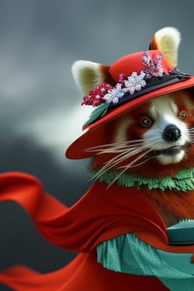 Red Panda Traveler in Fantasy Land, Detailed Matte Painting