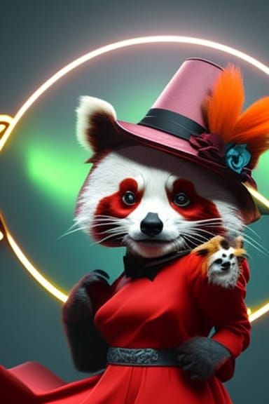 red panda animal in a dress with ruffles and top hat