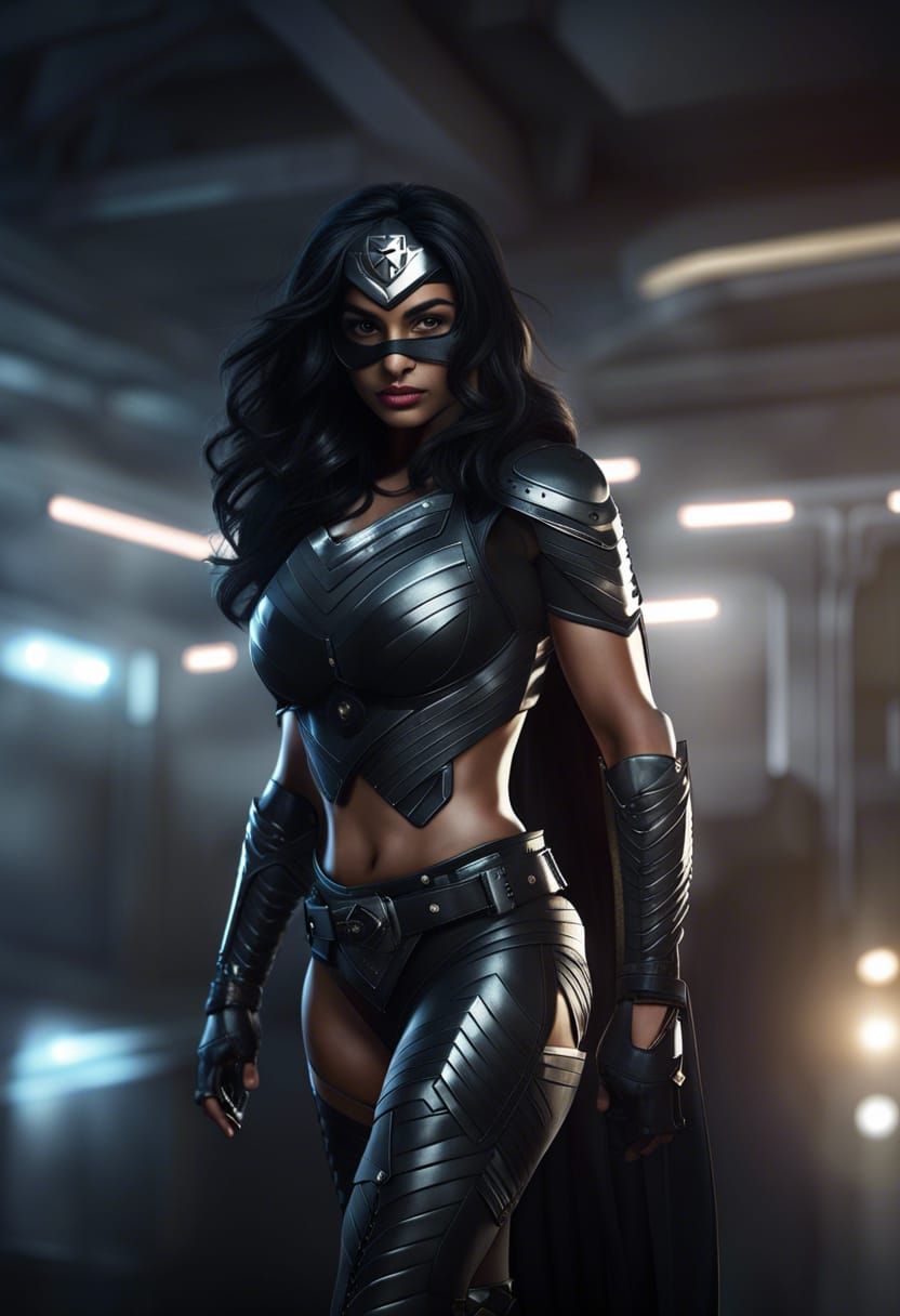 Indian Superheroine in Tactical Armor on Rooftop