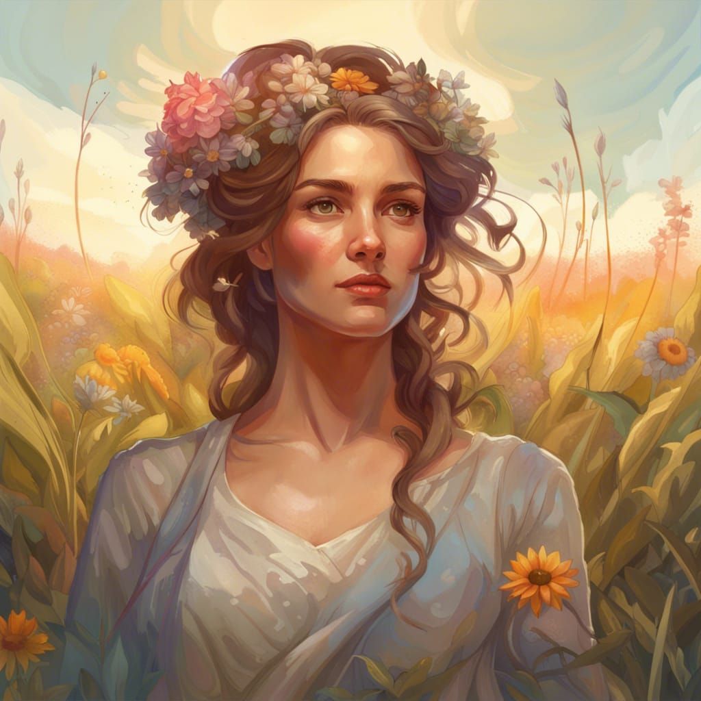 Woman in Floral Field: Hyperdetailed Art Portrait