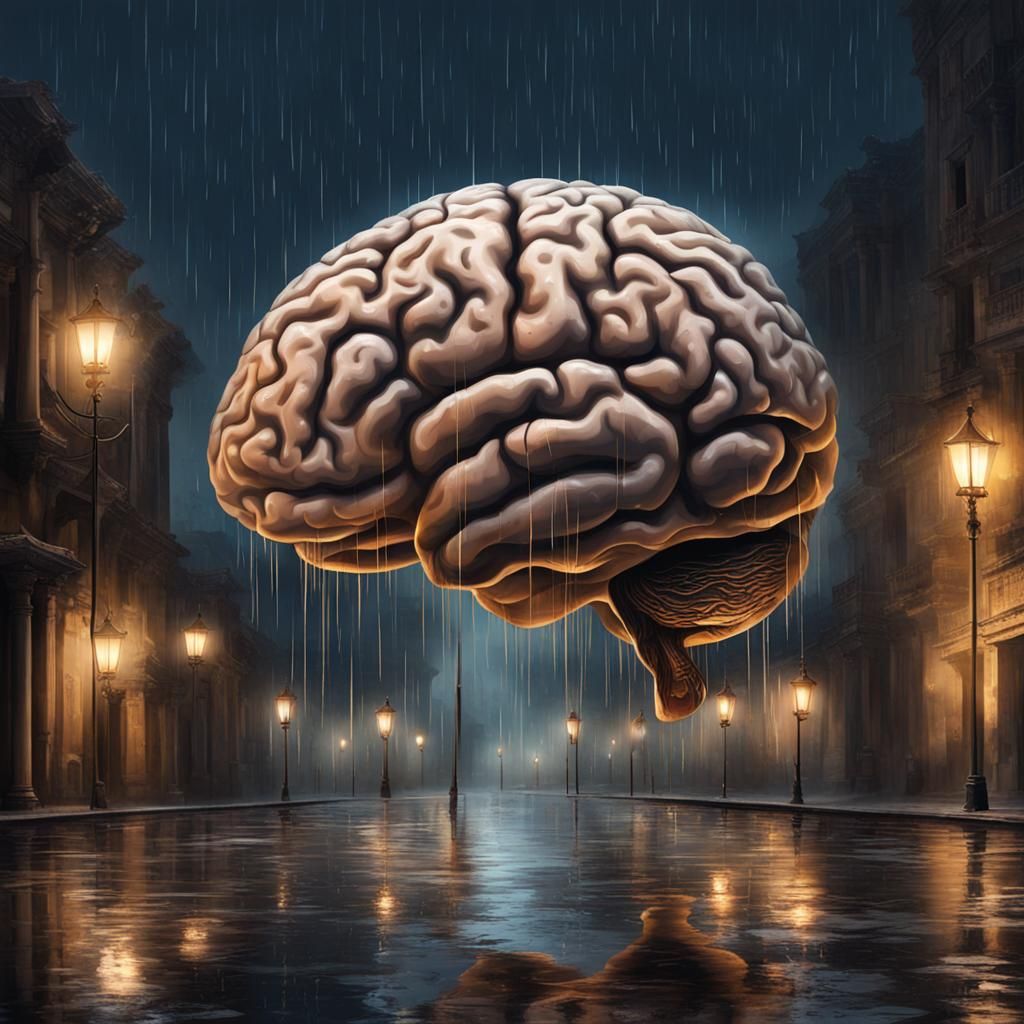 Brain in Rain over Ancient City at Night