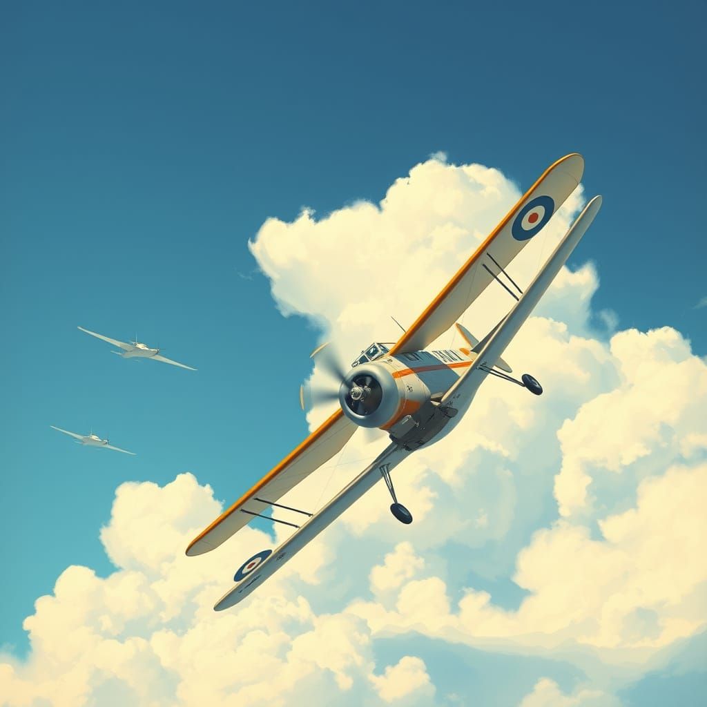 Vintage Biplane Soaring Through Blue Sky