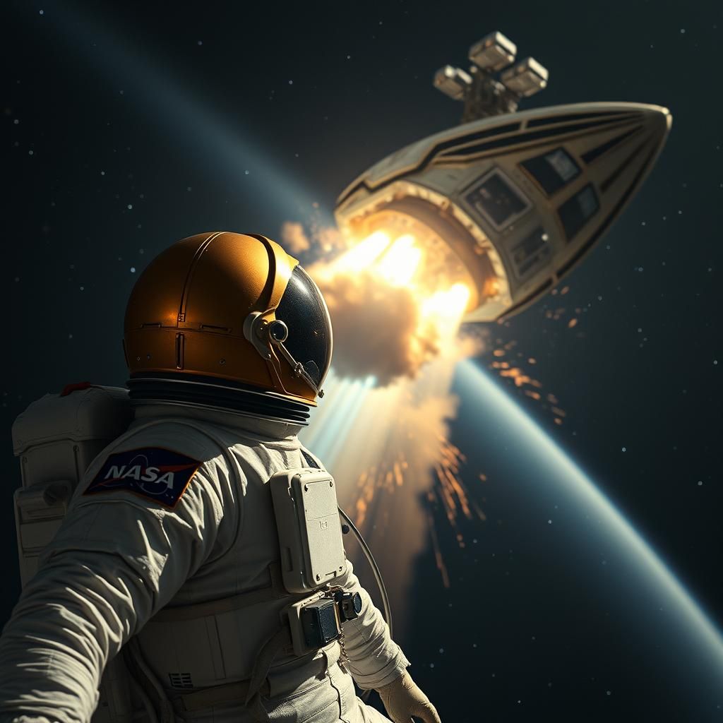 A Photorealistic sci-fi picture of an alien spaceship destroying a NASA ship with an astronaut floating away helplessly....