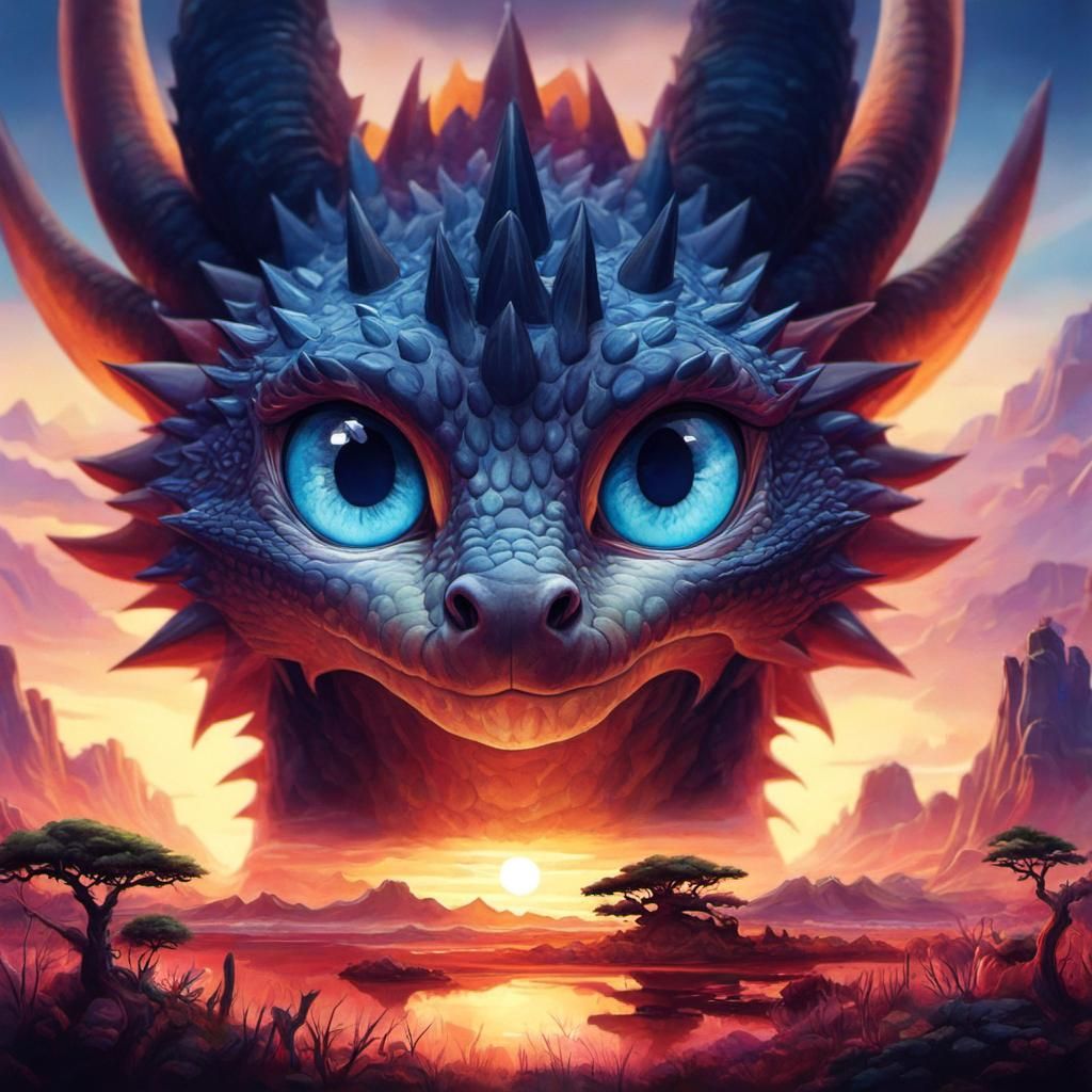 Double Exposure Dragon Portrait with Sunset Savanna