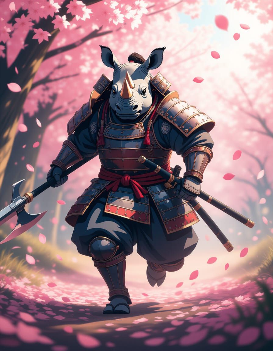 Rhino Samurai in Japanese Savanna, Cel-Shaded Style