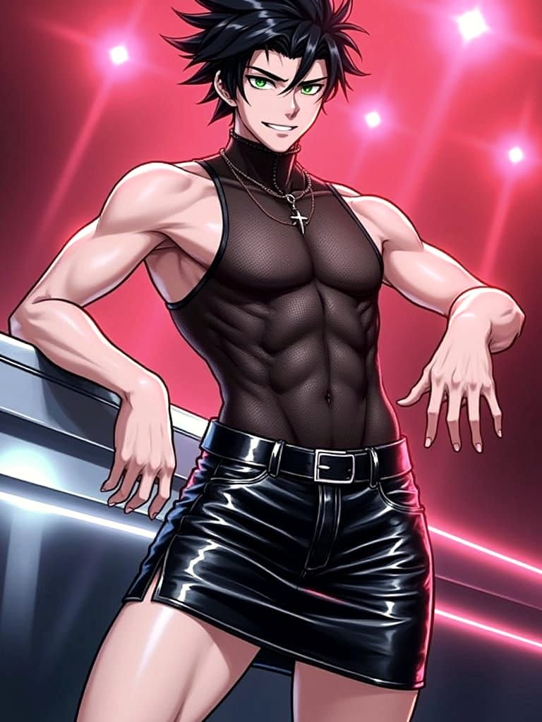 Anime Man in Nightclub with Green Eyes and Leather Outfit