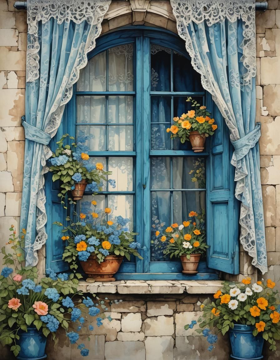Picturesque Window with Flowers in Watercolour Style