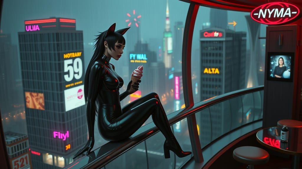 Cat-Woman in Cyberpunk Cityscape with Neon Lights