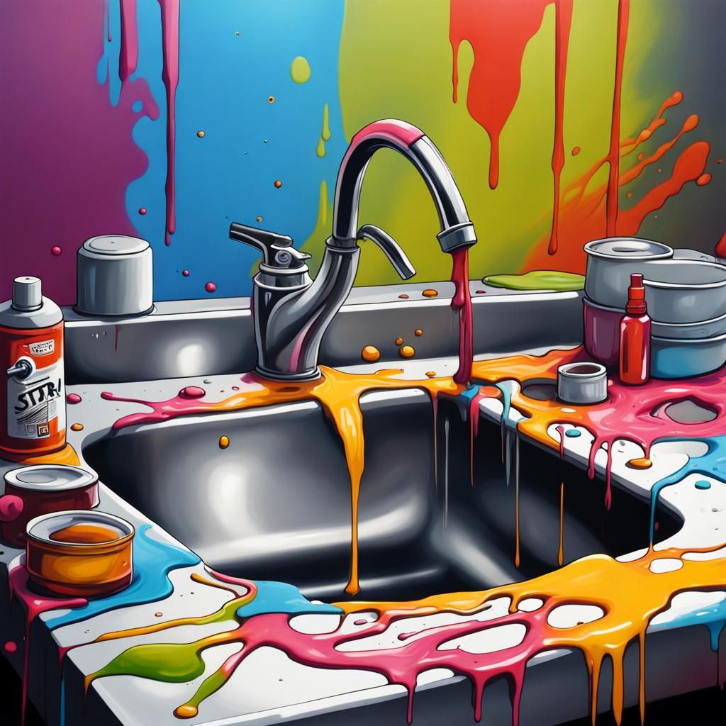 Colorful Graffiti Art of Dirty Dishes in Sink