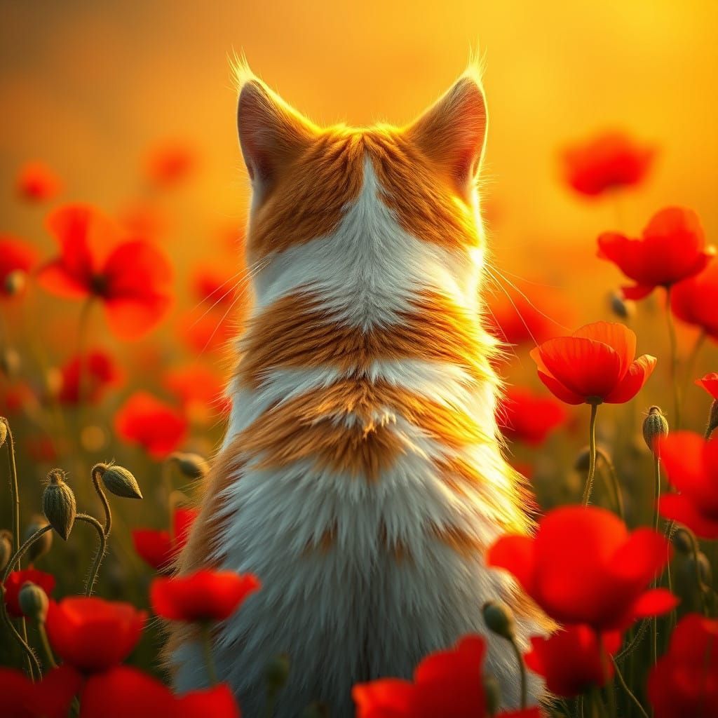 Surreal Landscape with Orange Cat and Red Poppies in Vibrant...
