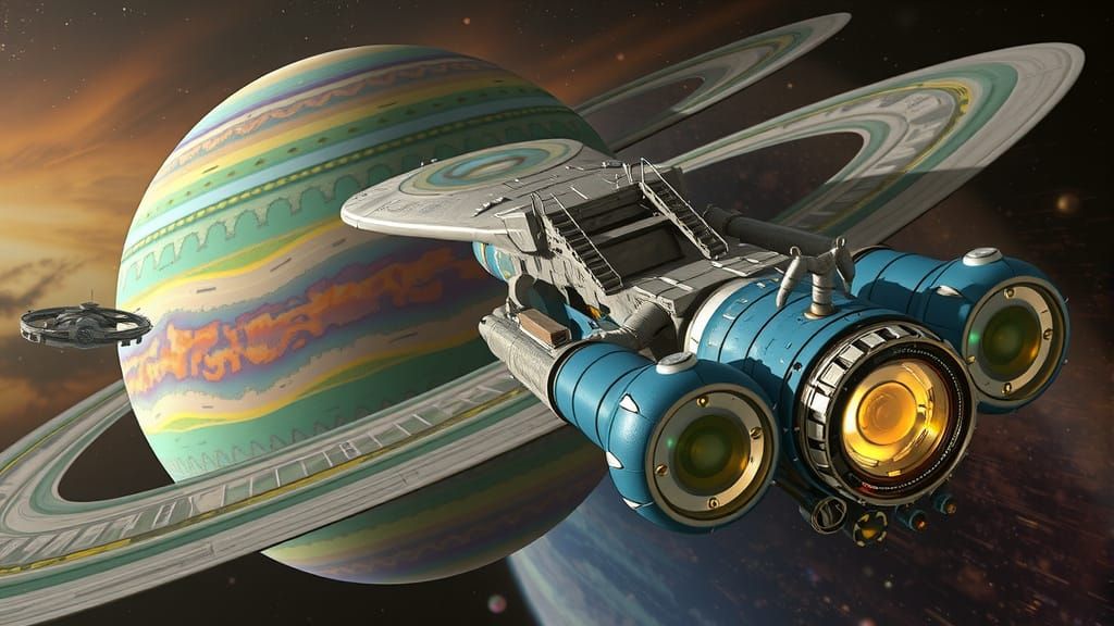 Steampunk Phoenix Starship Orbiting Europa-like Planet