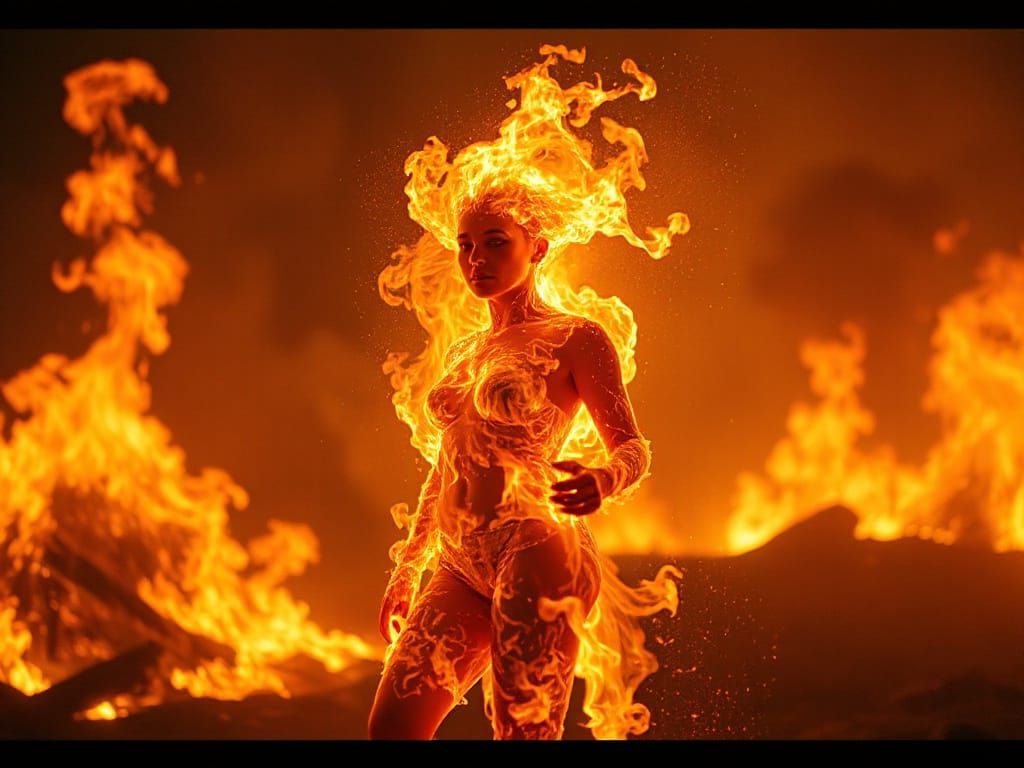 Full body image of a fire elemental made completelyout of fire in a feminine form. Cinematic film still, shot on v-rapto...