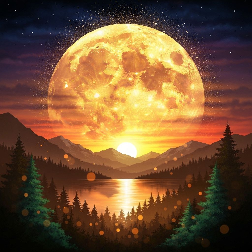 Majestic Golden Moon Over Serene Lake, Baroque Style