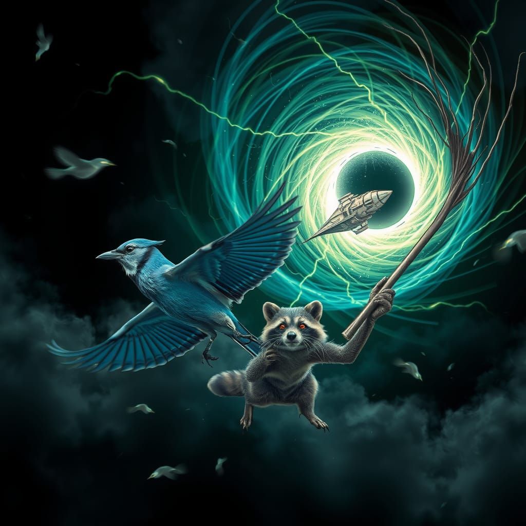 Blue Jay and Raccoon Fleeing Black Hole in Surrealist Style