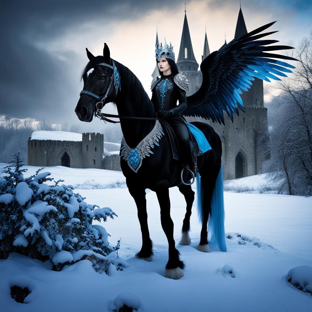 Gothic Angel on Horseback in Snowy Landscape