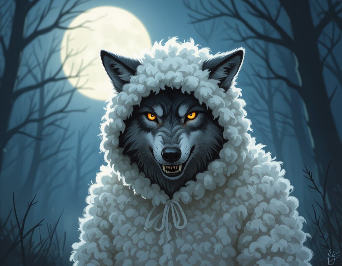 Shadowy Wolf in Sheep Costume in Moonlit Forest