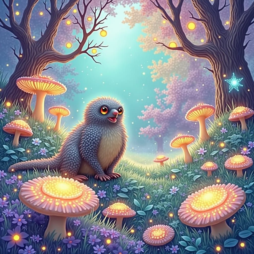 Enchanted Forest with Glowing Mushrooms, Surrealist Impressi...
