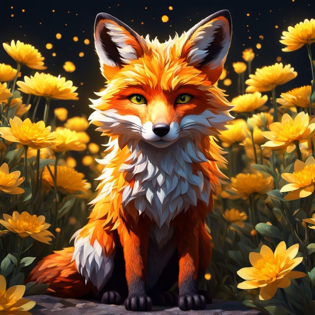 Glowing Fox Among Flowers in Fiery Fur Digital Art