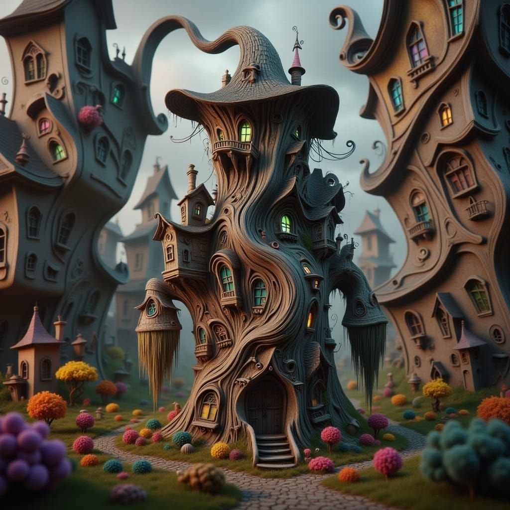 Enchanted Forest Scarecrow with Wonky Houses