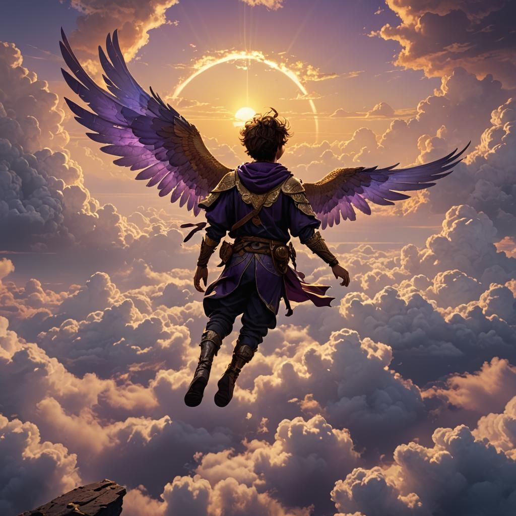 Winged Boy Soaring Through Clouds: Dark Fantasy Art