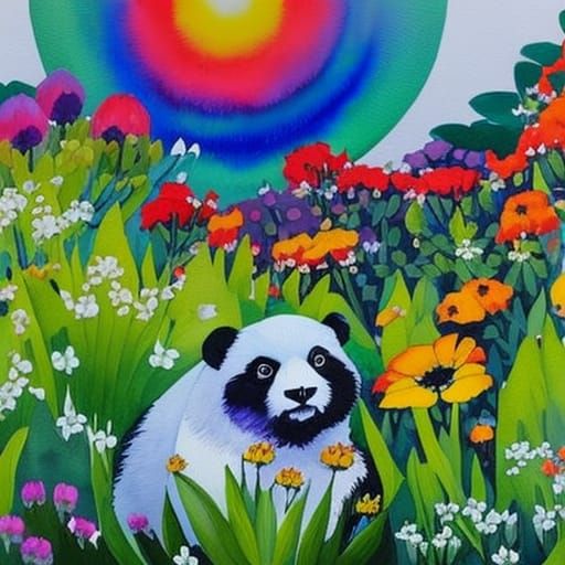 Rainbow Panda in Flower Garden, Gouache Style