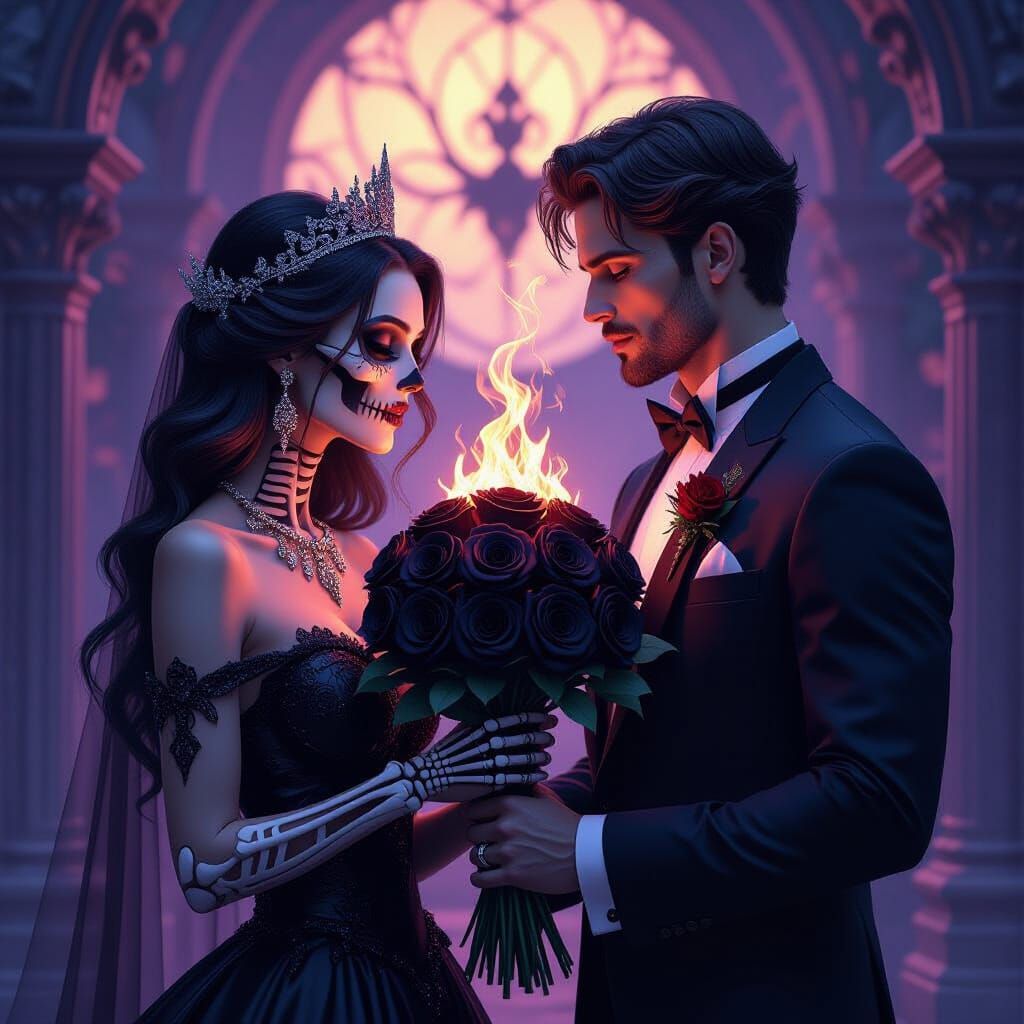 Goddess of Death Offers Burning Roses to Gentleman