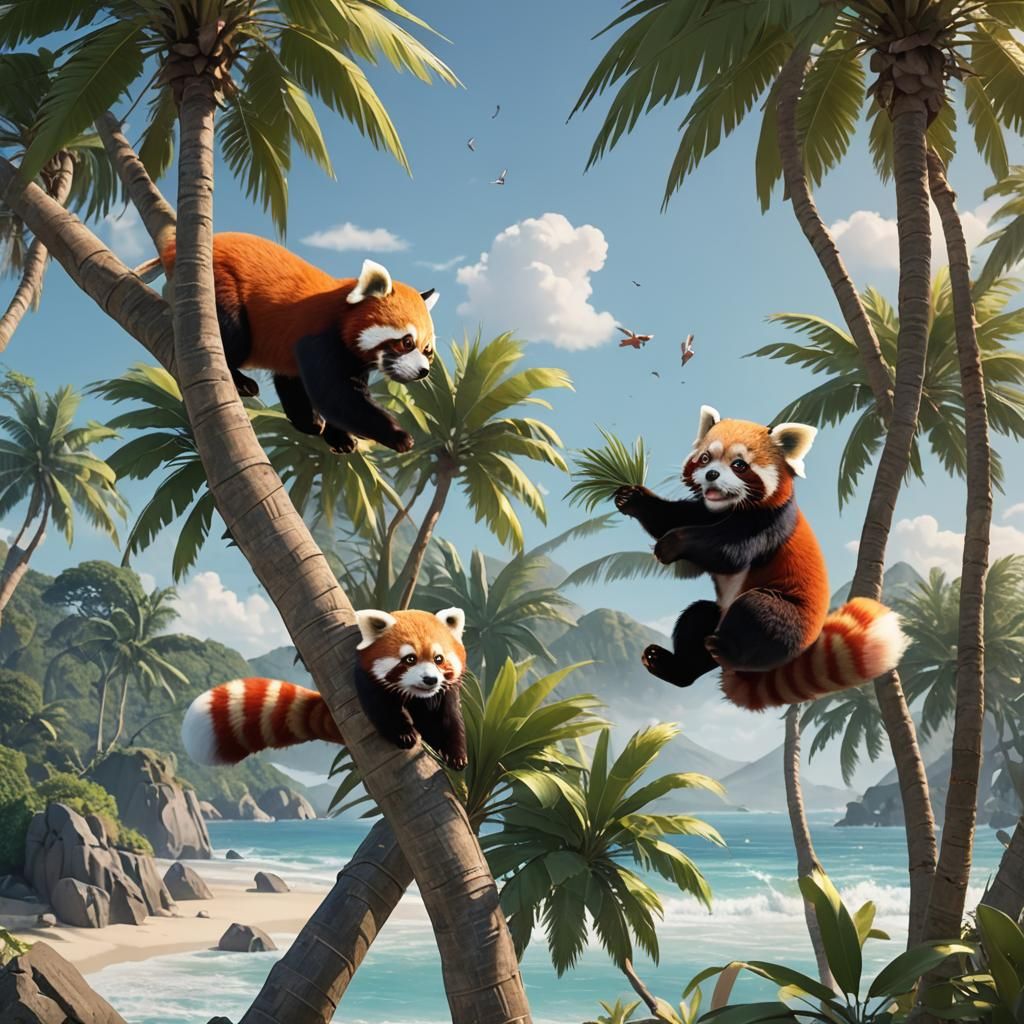 Playful Red Pandas in 3D Anime Style