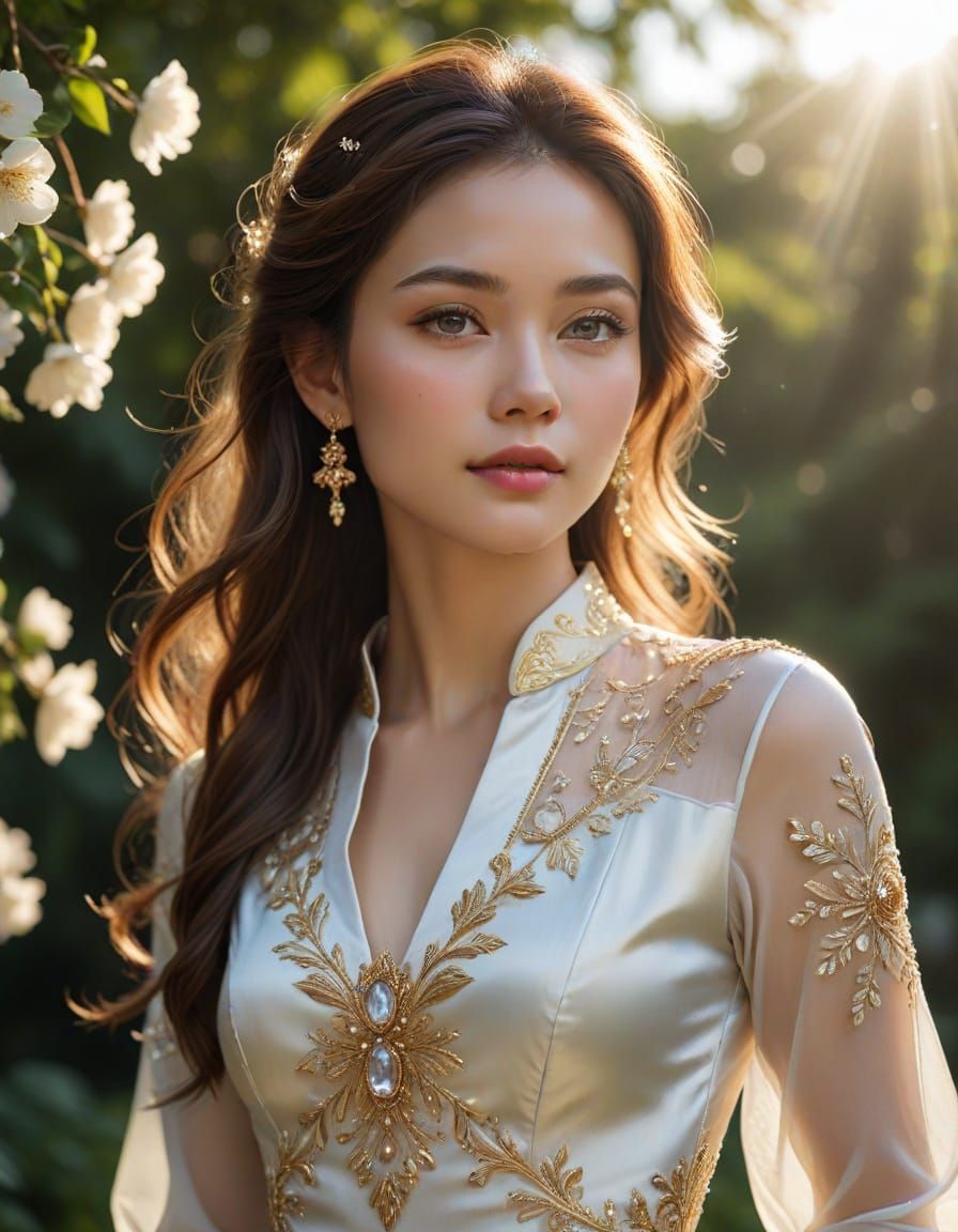 Radiant Woman in Red Silk Gown: Hyper-Realistic Photography
