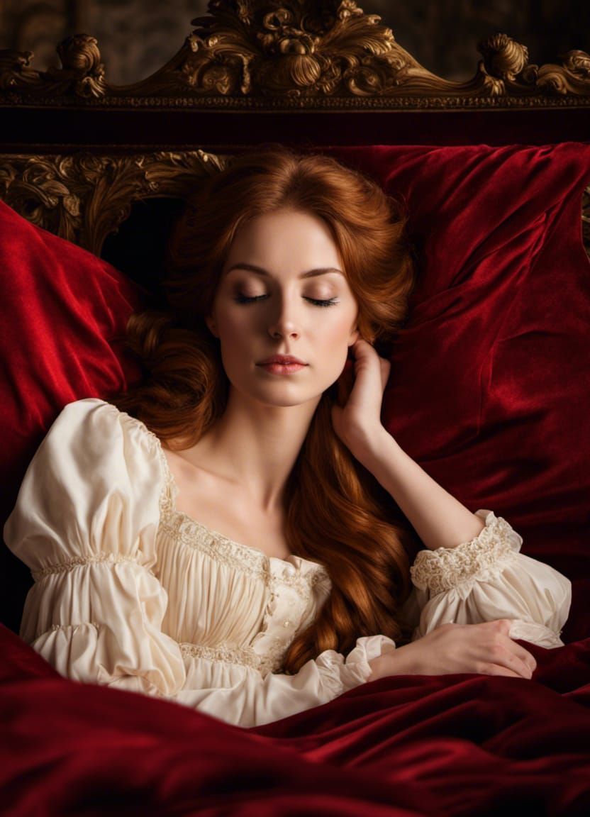 Woman in Red Velvet Dress Sleeping