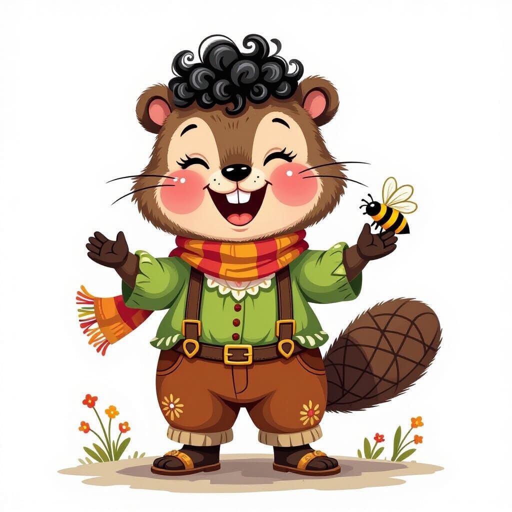 Whimsical Beaver Character Illustration in Acrylic Ink Style