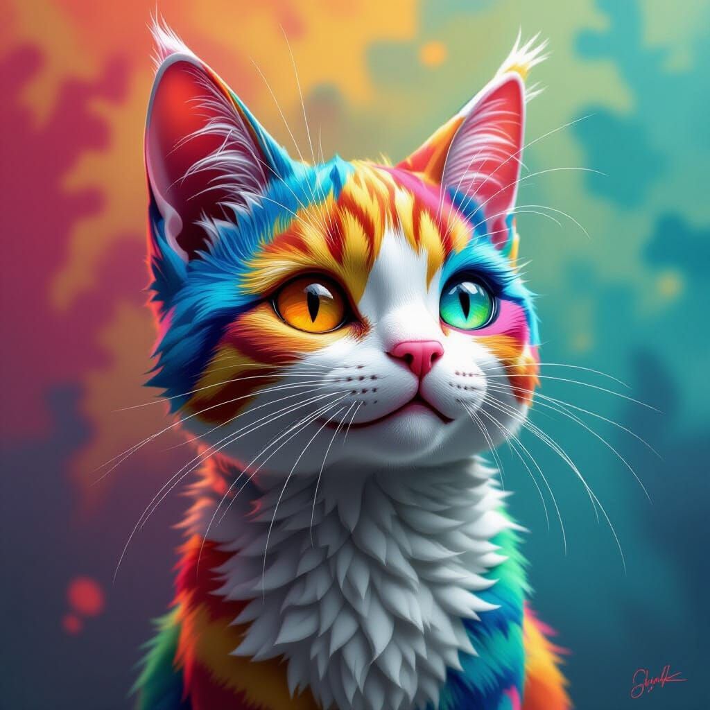 Hyperrealistic Multicolored Paint Cat Sculpture