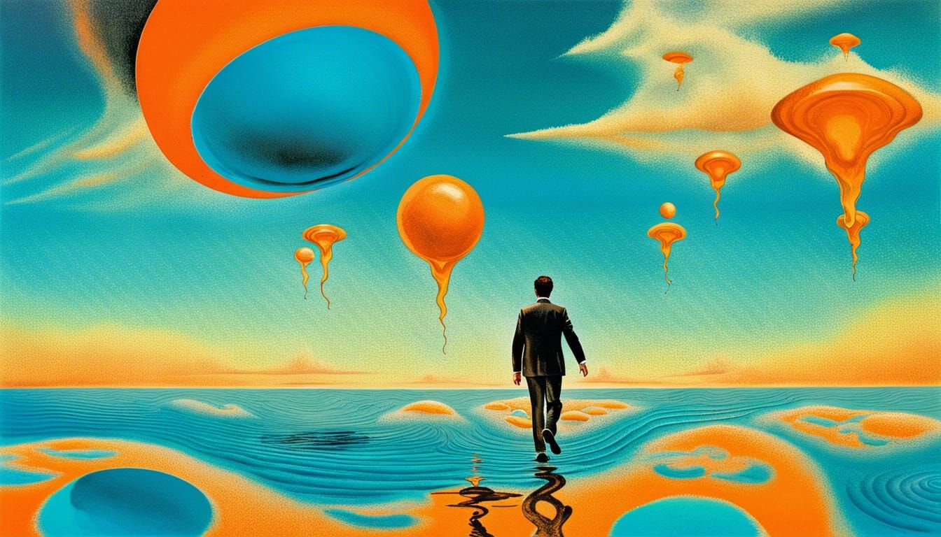 Retro Sci-Fi Surrealism: Floating Person Over the Sea