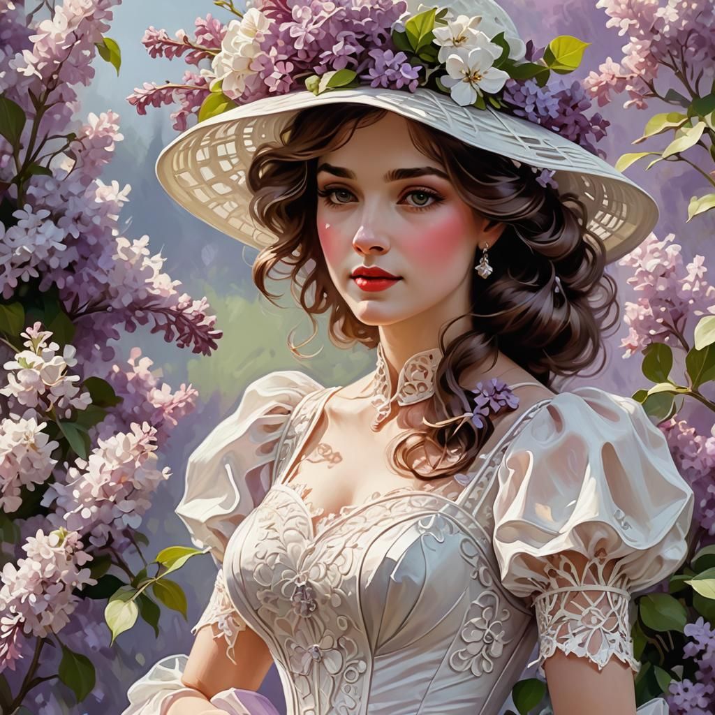 Vintage Woman with Lilacs: A Candy Art Digital Painting