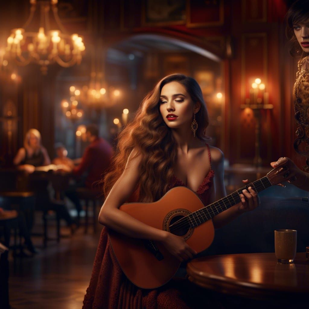 Young Singer in Cafe with Spanish Guitar
