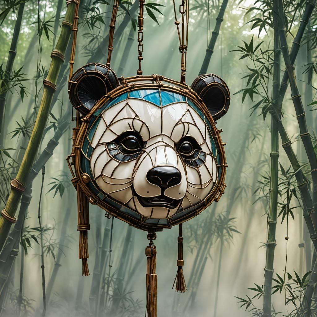 Intricate Panda Mask with Bamboo Stained Glass