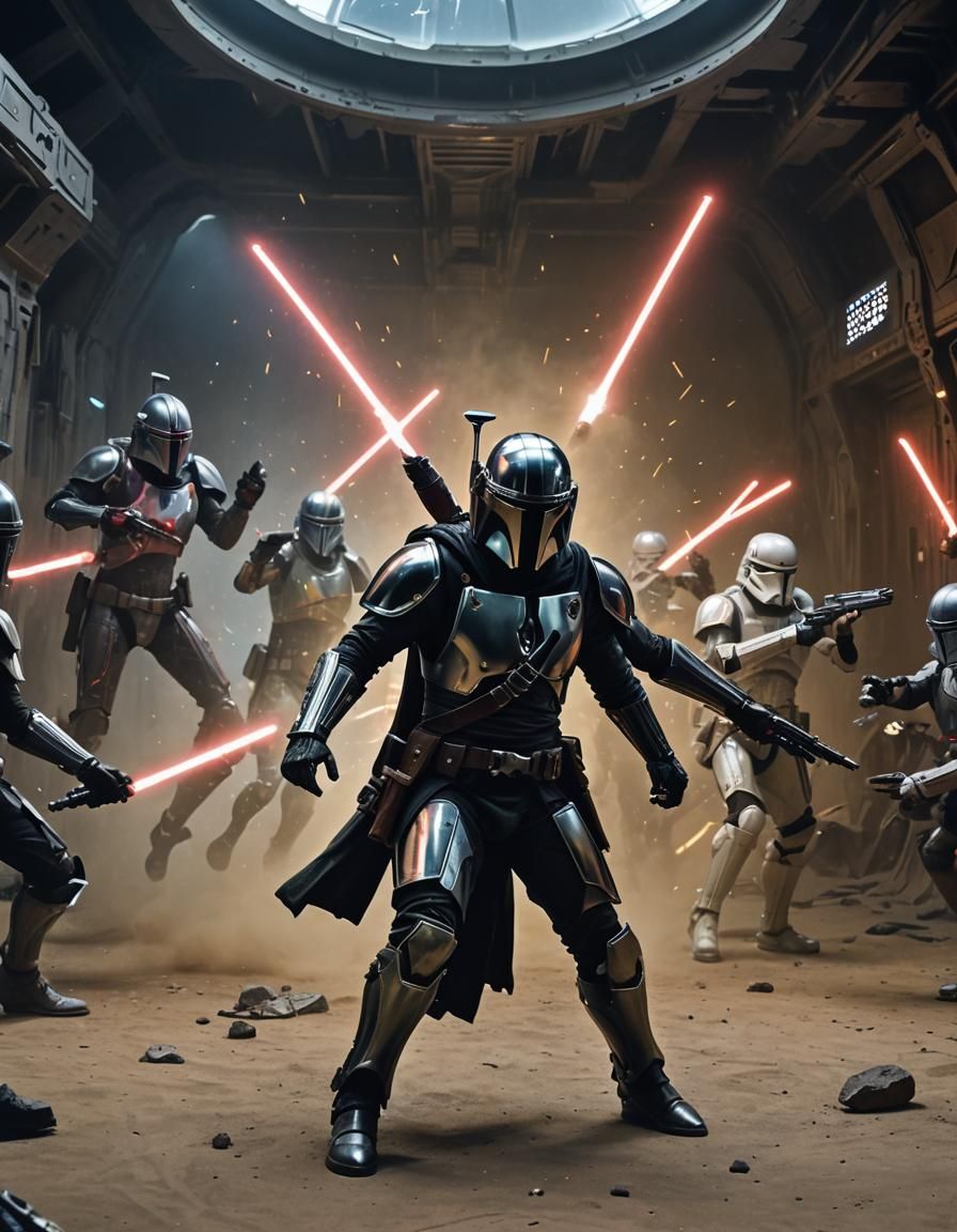 Mandalorian in Laser Combat on Derelict Starship