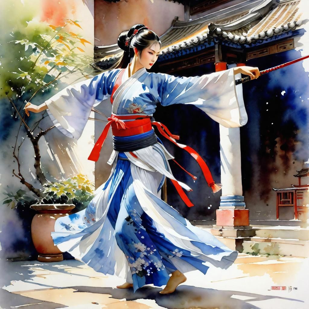 Wuxia Princess Practicing Martial Arts in Watercolor