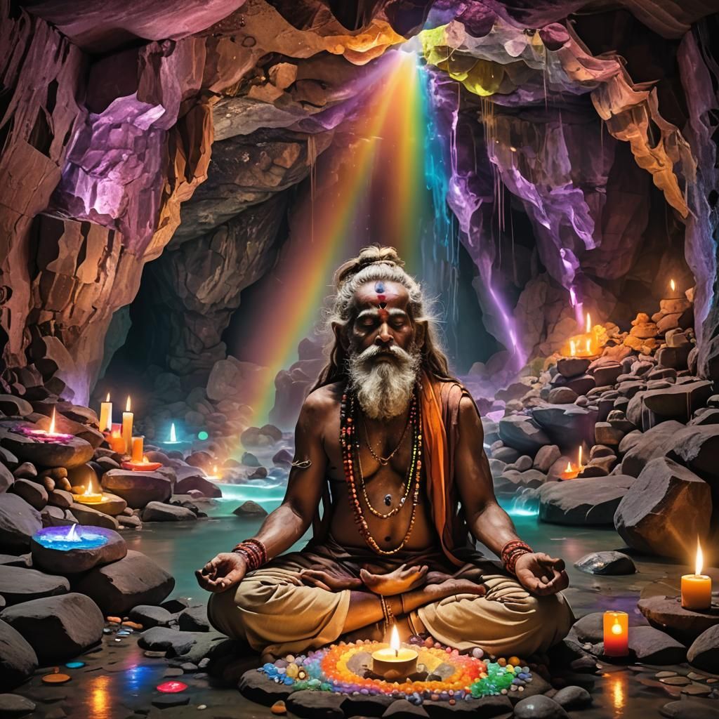 Ethereal Sadhu in Meditation with Rainbow Lights