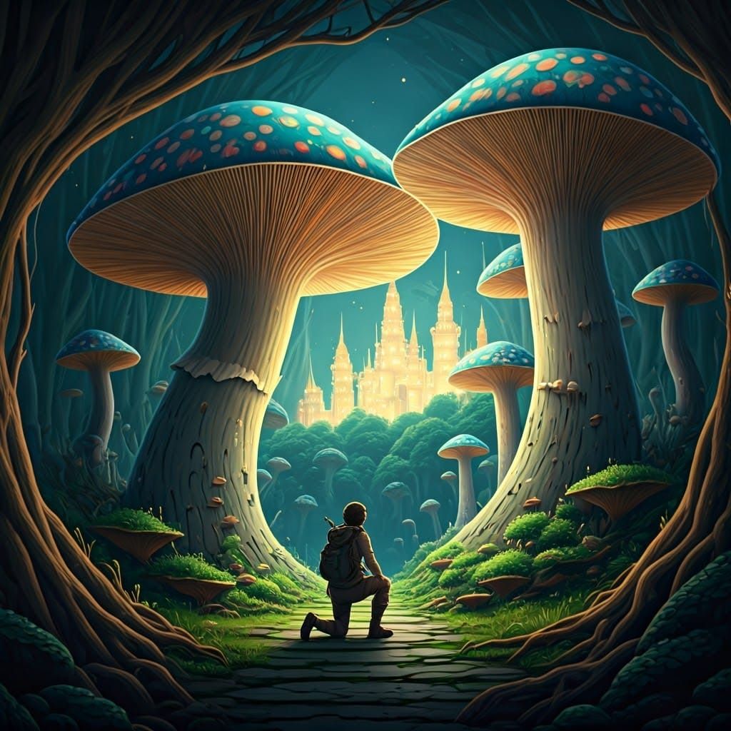 Mushroom Colossuses in Whimsical Landscape