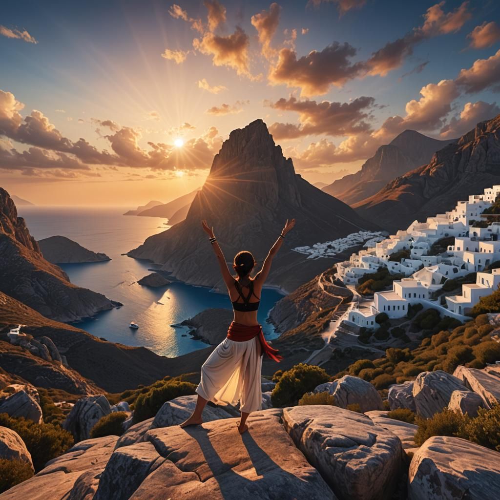 Amorgos Sunset: Yogi in Warrior Pose, Matte Painting
