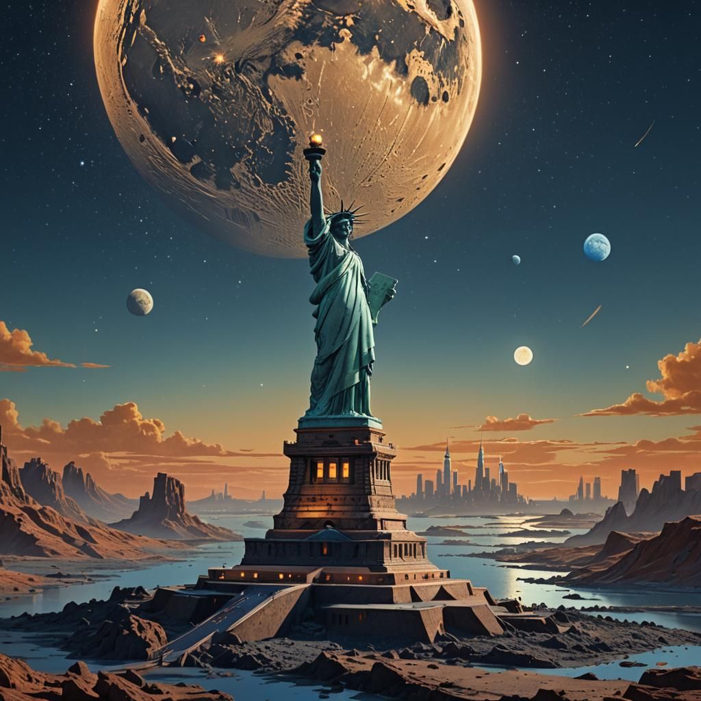 Statue of Liberty on the Moon in Sci-Fi Style