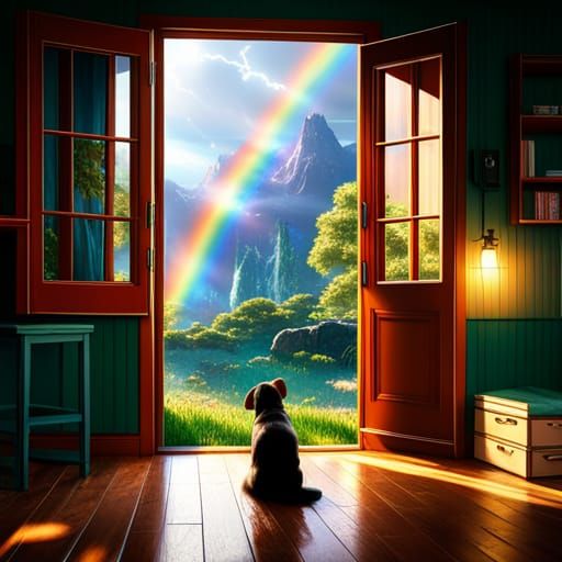 Dog Barking at Window Under Rainbow Sky