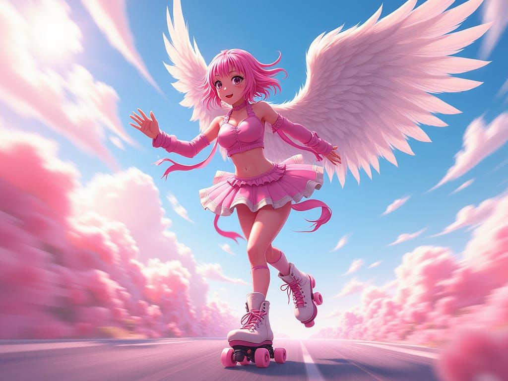 Surreal Anime Angel Speeds Towards Viewers on Rollerblades