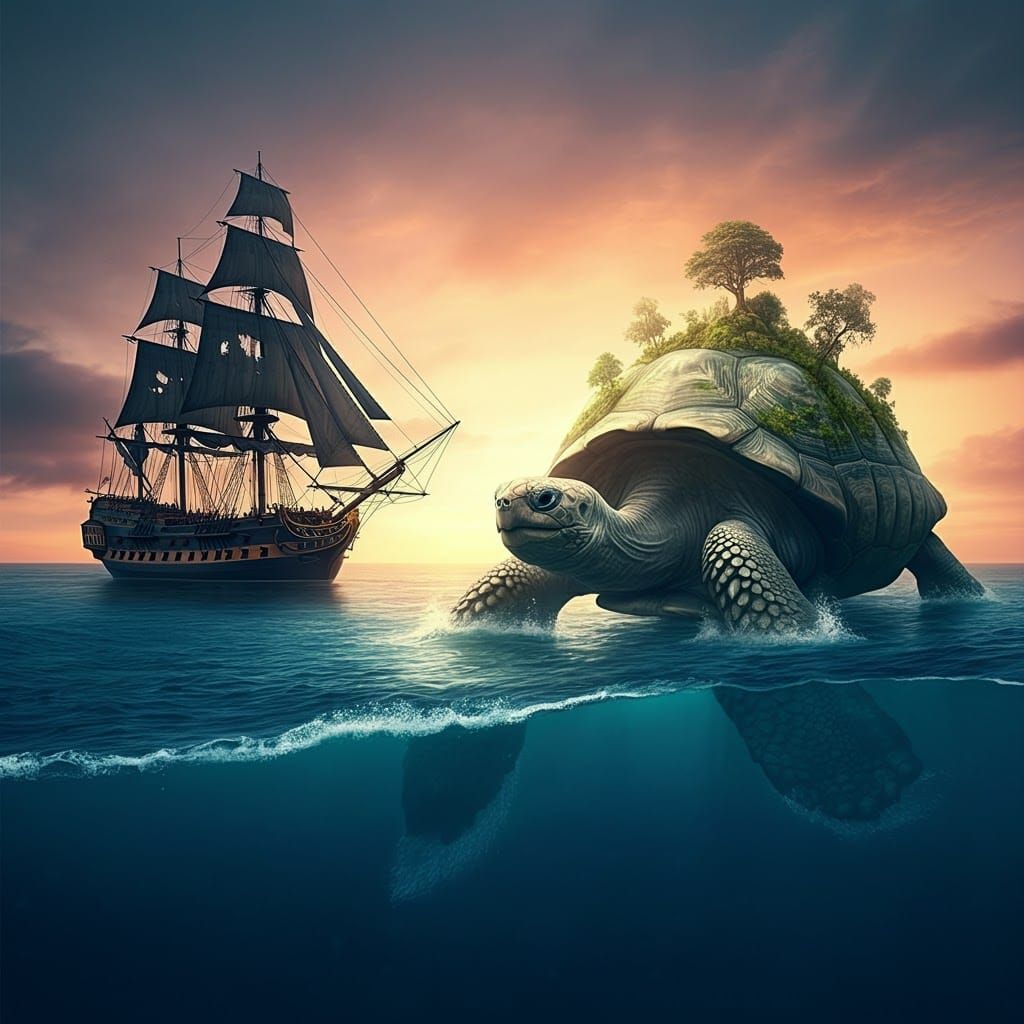 Pirate Ship and Island Turtle: Surreal Seascape