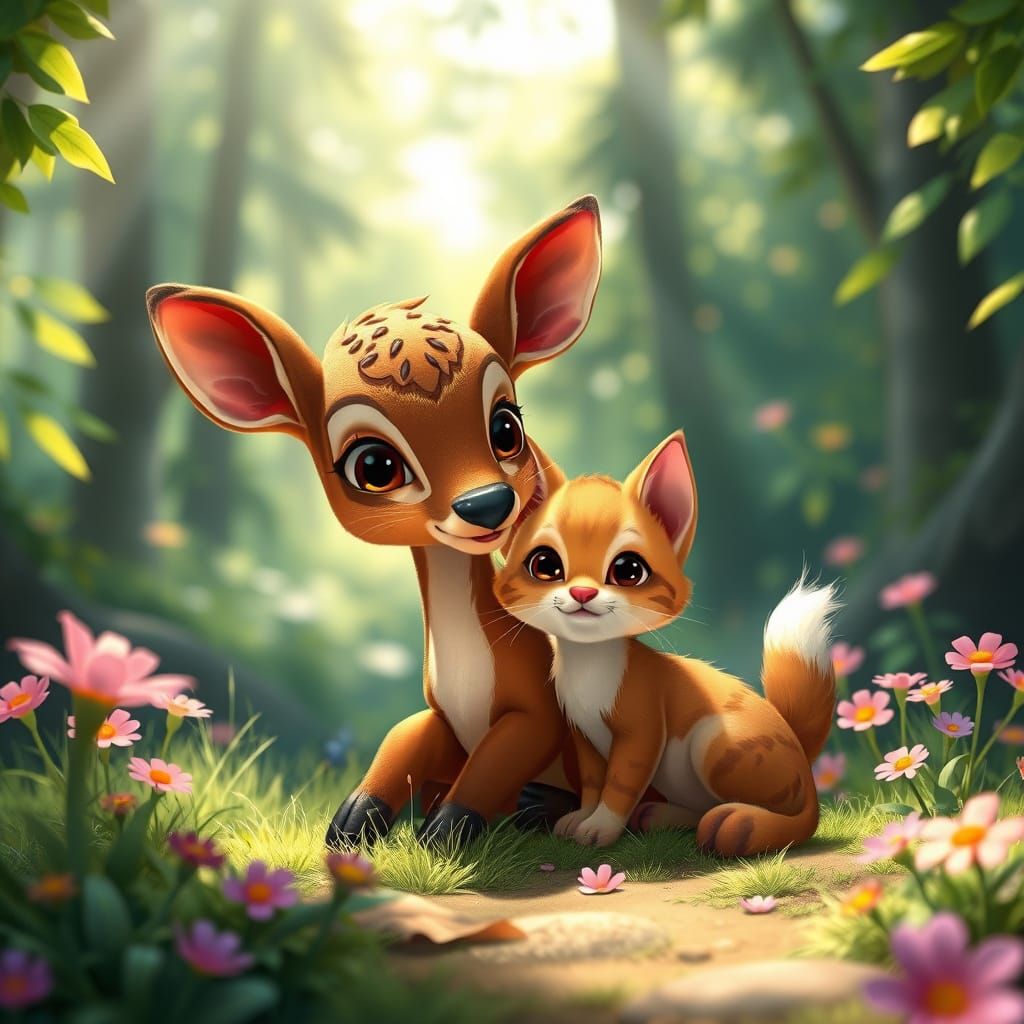 Whimsical Friends in a Sunlit Forest