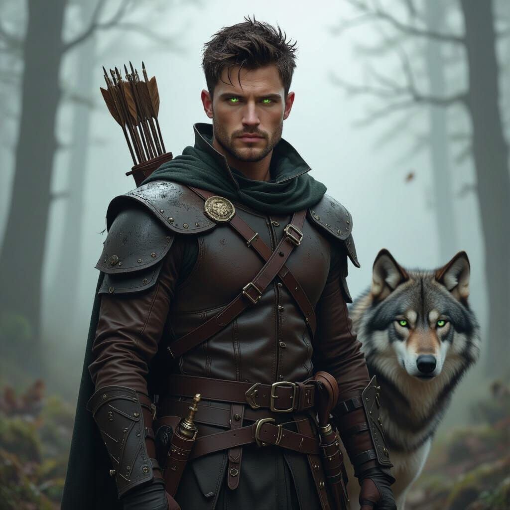 Hunter with Wolf in Misty Forest, Fantasy Art