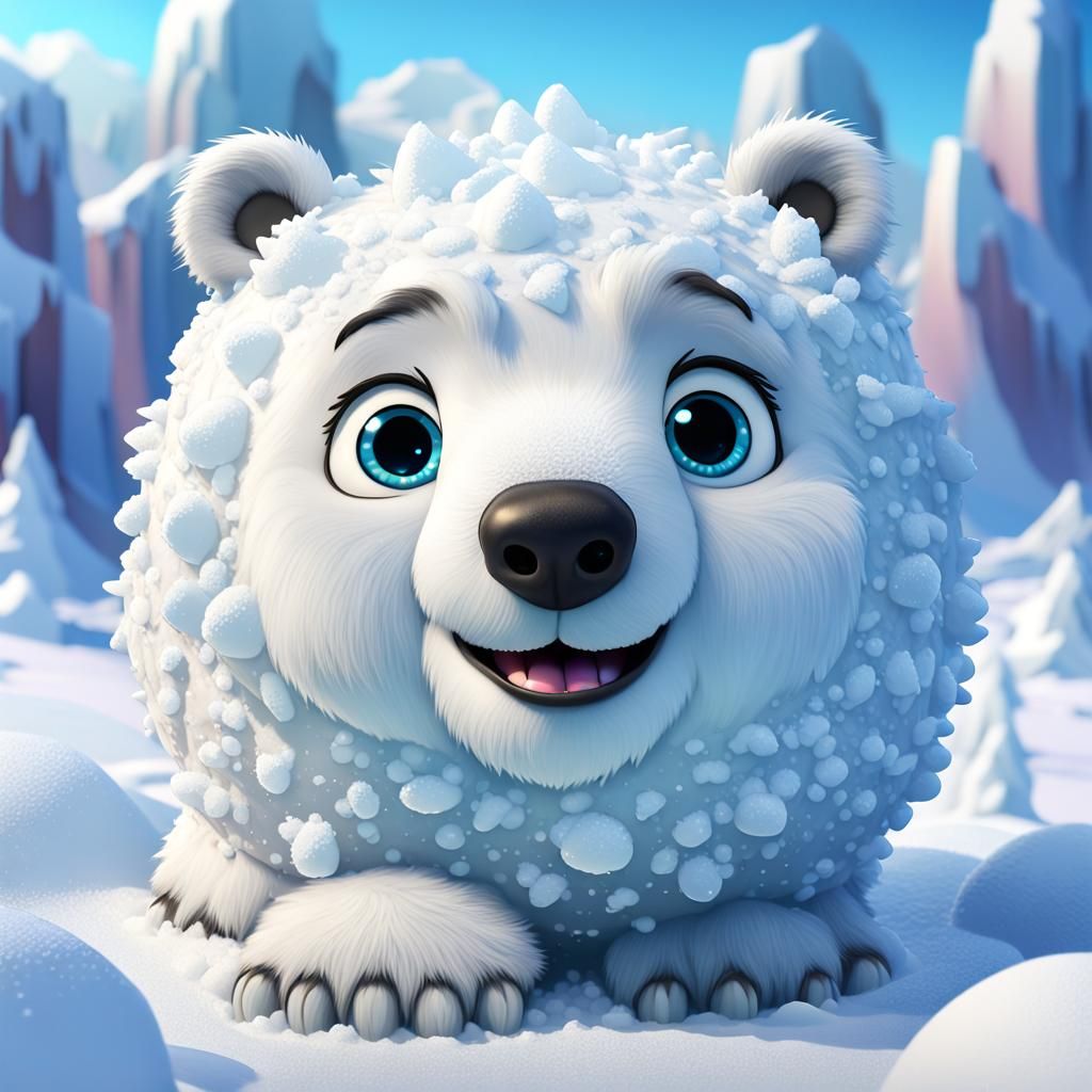 Cute Chibi Polar Bear on Snowball in 3D Style