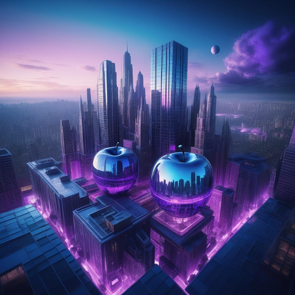 Ethereal Metropolis Within a Glass Apple in Vibrant Blue and...