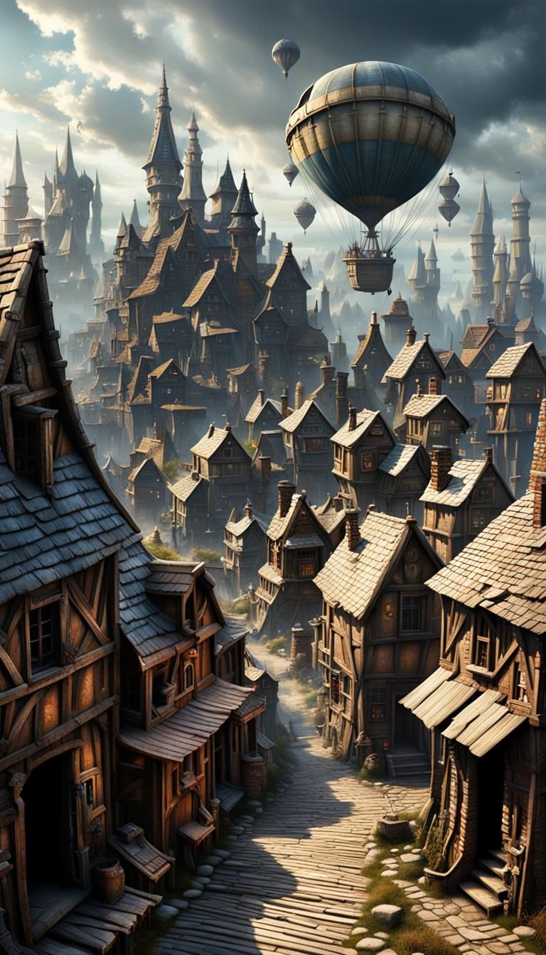 Stone Shantytown in the Sky: Dark Fantasy Digital Art