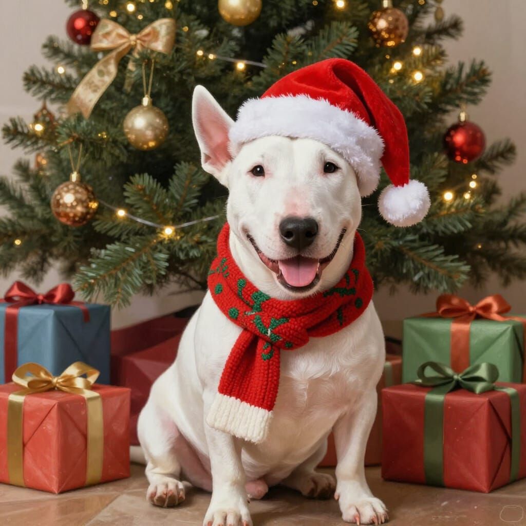Joyful Bull Terrier in Christmas Hat by Decorated Tree